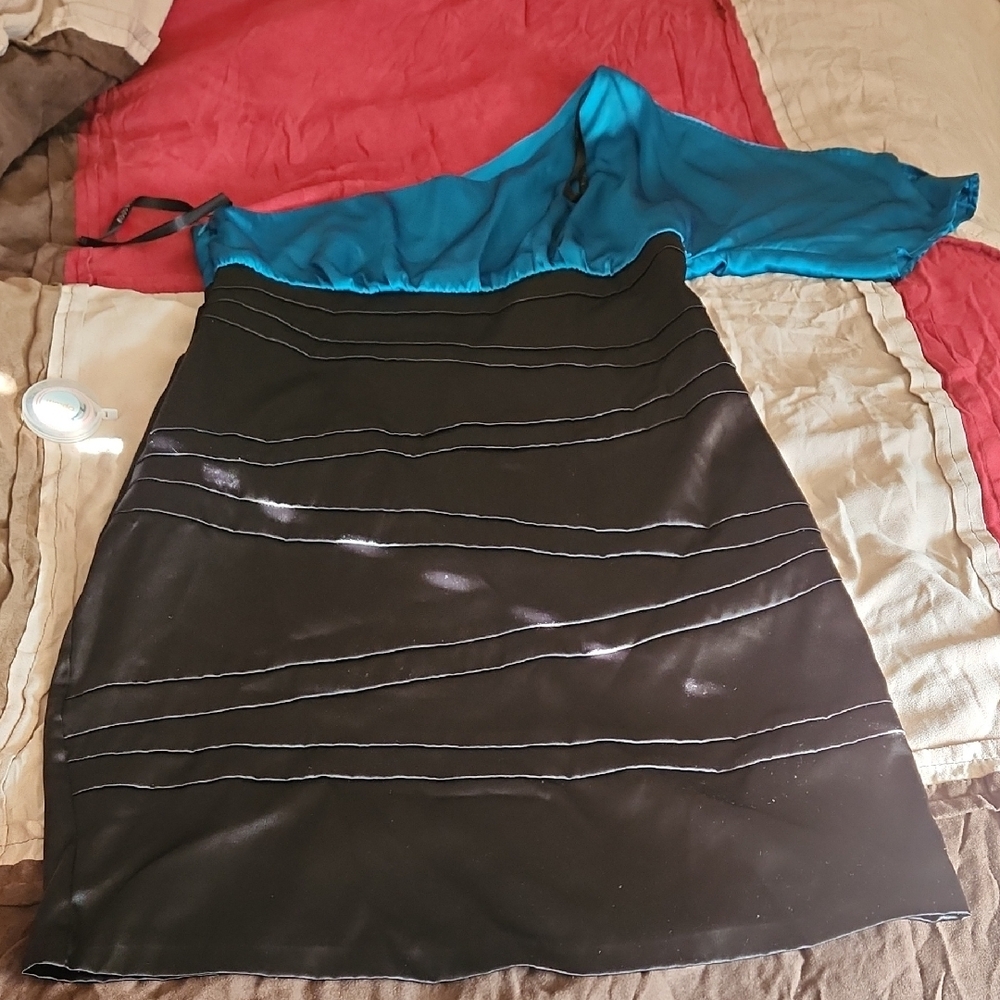 Bisou Bisou Teal and Black Off-Shoulder Dress